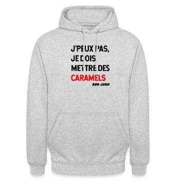 j'peux pas caramels judo humour - Sweat-shirt à capuche unisexe - gris clair chiné - Devant - Alina (178cm) & Michal (187cm)