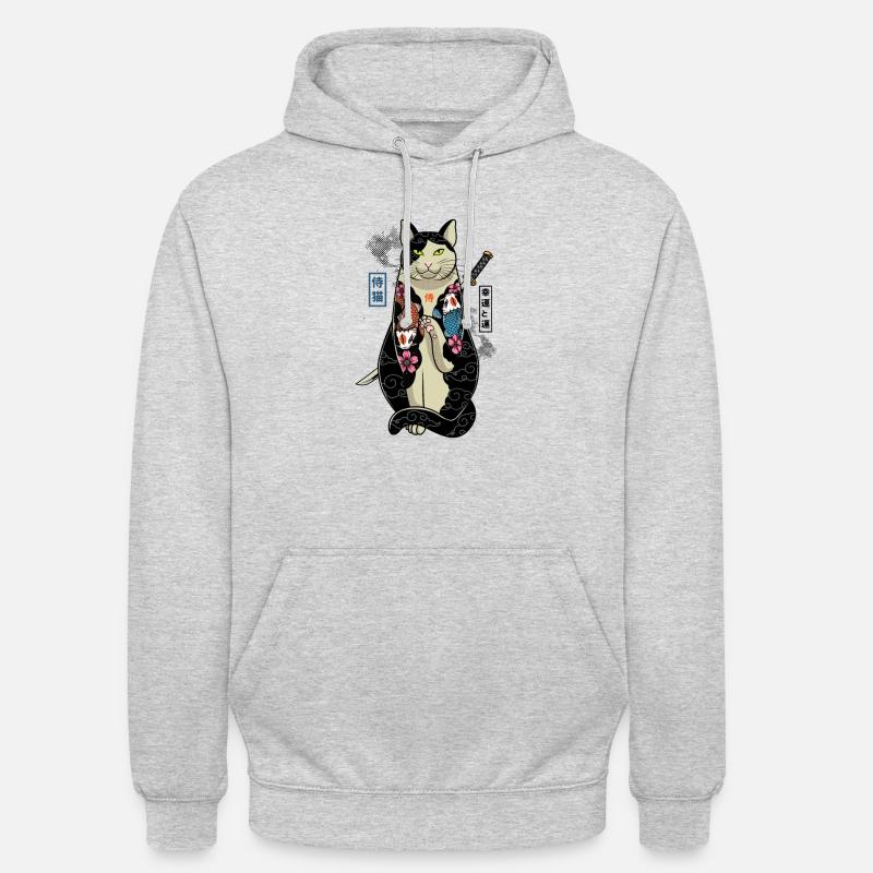 samurai cat - maneki neko - Unisex-hettegenser - lysgrå melert