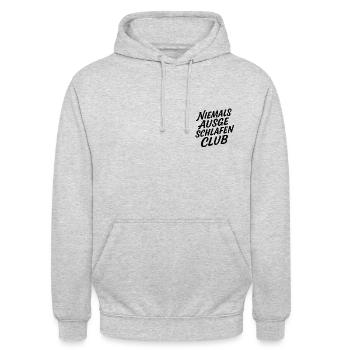 NIEMALS AUSGESCHLAFEN CLUB – Shirt für müde Eltern - Unisex Hoodie - Hellgrau meliert - Vorne - Alina (178cm) & Michal (187cm)