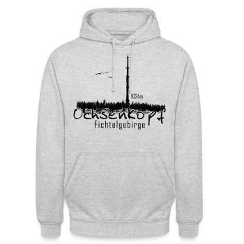 Ochsenkopf mit Asenturm Fichtelgebirge - Unisex Hoodie - Hellgrau meliert - Vorne - Alina (178cm) & Michal (187cm)