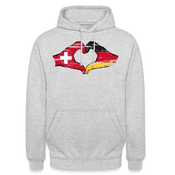 Schweiz Deutschland Flagge Hände Herzform used - Unisex Hoodie - Hellgrau meliert - Vorne - Alina (178cm) & Michal (187cm)