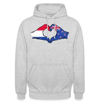 Holland Neuseeland Flagge Hände Herzform used - Unisex Hoodie - Hellgrau meliert - Vorne - Alina (178cm) & Michal (187cm)