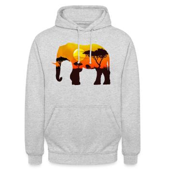 Elefant | Afrika | Sonnenuntergang | Steppe | Baum - Unisex Hoodie - Hellgrau meliert - Vorne - Alina (178cm) & Michal (187cm)