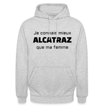 Je connais mieux Alcatraz que ma femme - Sweat-shirt à capuche unisexe - gris clair chiné - Devant - Alina (178cm) & Michal (187cm)