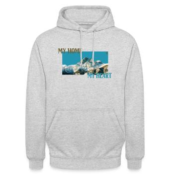 Mein Zuhause Mein Herz "Gran Sasso" - Unisex Hoodie - Hellgrau meliert - Vorne - Alina (178cm) & Michal (187cm)