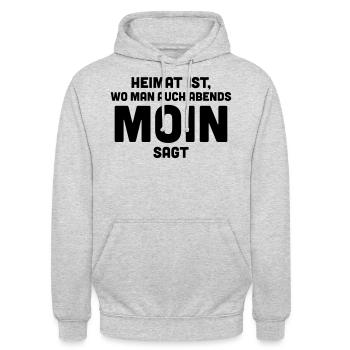 Heimat ist, wo man auch abends moin sagt. - Unisex Hoodie - Hellgrau meliert - Vorne - Alina (178cm) & Michal (187cm)