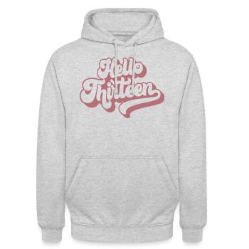 13th Birthday Gift, Hello Thirteen, 13 Years Old - Unisex Hoodie - light heather grey - Front - Alina (178cm) & Michal (187cm)