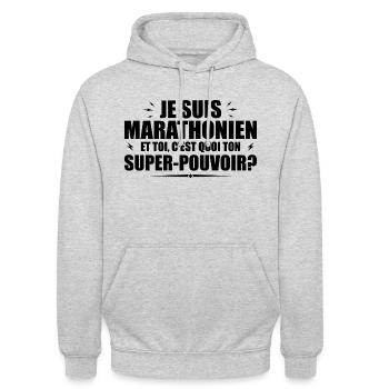 Ich bin ein Marathonläufer. Was ist deine Superkraft? - Unisex Hoodie - Hellgrau meliert - Vorne - Alina (178cm) & Michal (187cm)