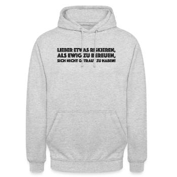 Riskieren statt bereuen | Motivation, Ziel, Team - Unisex Hoodie - Hellgrau meliert - Vorne - Alina (178cm) & Michal (187cm)