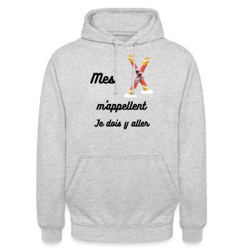 Mes skis m appellent T Shirt humour ski - Sweat-shirt à capuche unisexe - gris clair chiné - Devant - Alina (178cm) & Michal (187cm)