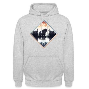 Ours abstrait dans les montagnes - Sweat-shirt à capuche unisexe - gris clair chiné - Devant - Alina (178cm) & Michal (187cm)