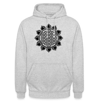 Blume des Lebens in Herz Chakra Lotus Zeichen - Unisex Hoodie - Hellgrau meliert - Vorne - Alina (178cm) & Michal (187cm)