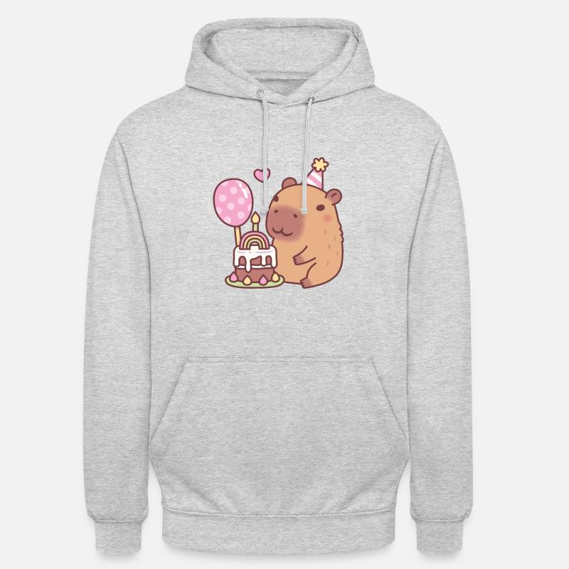 Lindo pastel de cumpleaños de capibara arco iris y globo - Sudadera con capucha unisex - gris claro jaspeado