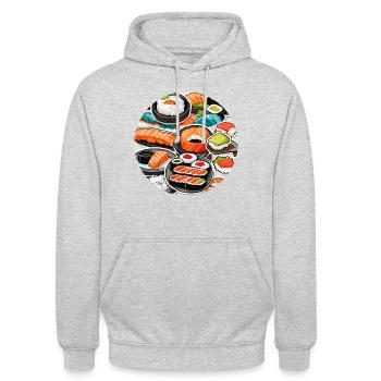 Sushi / Maki / Nigiri / Wasabi / Asiatique - Sweat-shirt à capuche unisexe - gris clair chiné - Devant - Alina (178cm) & Michal (187cm)