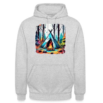 Forêt / Sauvage / Tente / Sauvage / Arbres / Vie - Sweat-shirt à capuche unisexe - gris clair chiné - Devant - Alina (178cm) & Michal (187cm)