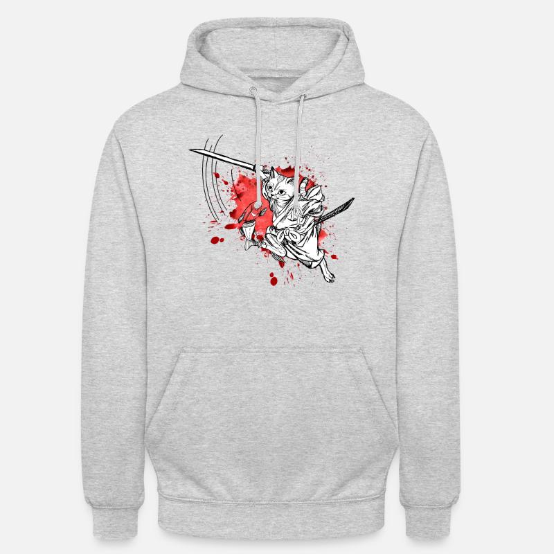 Chat samouraï mignon avec épée et poisson, éclaboussures Sweat-shirt à capuche unisexe