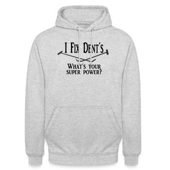 Je fixe les bosses, super-puissance - Sweat-shirt à capuche unisexe - gris clair chiné - Devant - Alina (178cm) & Michal (187cm)