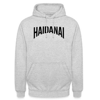 Haidanai - Schwäbischer Ausruf Farbwechsel mögl. - Unisex Hoodie - Hellgrau meliert - Vorne - Alina (178cm) & Michal (187cm)