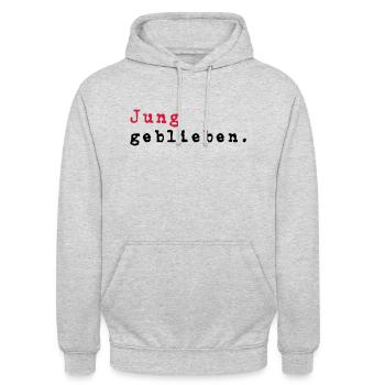 Jung geblieben - alte Schreibmaschine - Unisex Hoodie - Hellgrau meliert - Vorne - Alina (178cm) & Michal (187cm)
