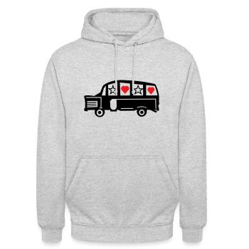 Oldtimer Bus Truck Herz Fahrzeug - Unisex Hoodie - Hellgrau meliert - Vorne - Alina (178cm) & Michal (187cm)