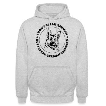 Ich spreche kein Deutsch, aber ich spreche Deutscher Schäferhund - Unisex Hoodie - Hellgrau meliert - Vorne - Alina (178cm) & Michal (187cm)