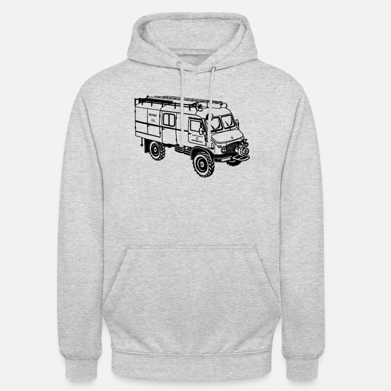 Unimog - Oldtimer - Tout-terrain - Pompiers - Sweat-shirt à capuche unisexe - gris clair chiné