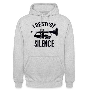 I destroy silence Trompete Spruch Sprüche - Unisex Hoodie - Hellgrau meliert - Vorne - Alina (178cm) & Michal (187cm)