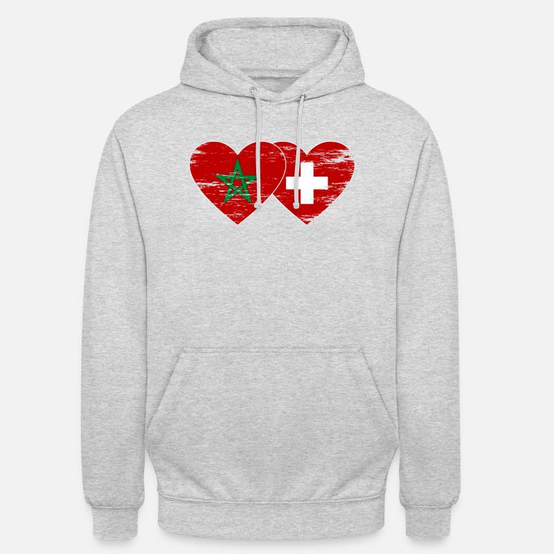 Maroc Suisse Drapeau Coeur utilisé - Sweat-shirt à capuche unisexe - gris clair chiné