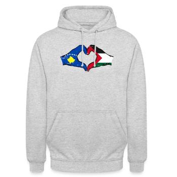 Kosovo Palestine Drapeau Mains Coeur Forme Utilisé - Sweat-shirt à capuche unisexe - gris clair chiné - Devant - Alina (178cm) & Michal (187cm)