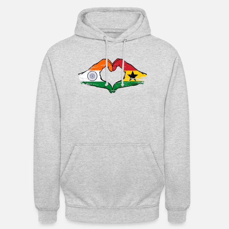 Inde Ghana drapeau mains forme de coeur utilisé - Sweat-shirt à capuche unisexe - gris clair chiné