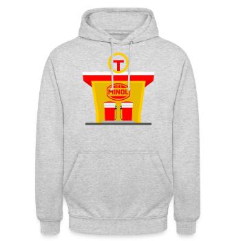 Minol Tankstelle - Unisex Hoodie - Hellgrau meliert - Vorne - Alina (178cm) & Michal (187cm)