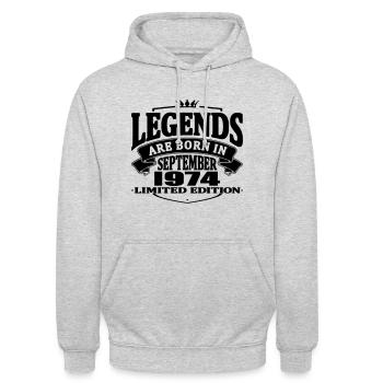 Die Legenden sind im September 1974 geboren - Unisex Hoodie - Hellgrau meliert - Vorne - Alina (178cm) & Michal (187cm)