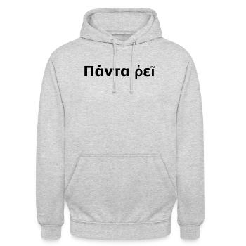 Griechisch "Alles fließt" (Panta rhei) - Unisex Hoodie - Hellgrau meliert - Vorne - Alina (178cm) & Michal (187cm)