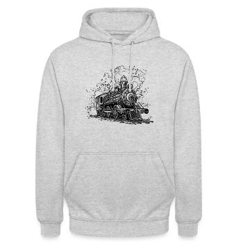 Rauchende Dampflokomotive auf Gleisen unter Dampf - Unisex Hoodie - Hellgrau meliert - Vorne - Alina (178cm) & Michal (187cm)