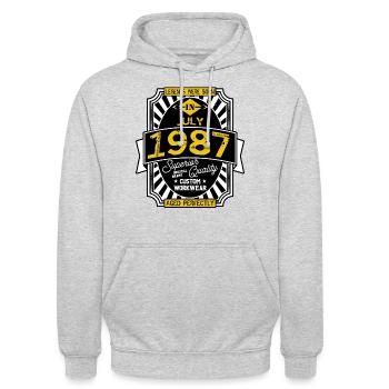 1987 JULI - Unisex Hoodie - Hellgrau meliert - Vorne - Alina (178cm) & Michal (187cm)