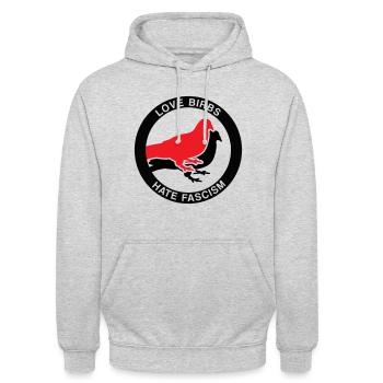 Amour Birbs Haine Fascisme - Sweat-shirt à capuche unisexe - gris clair chiné - Devant - Alina (178cm) & Michal (187cm)