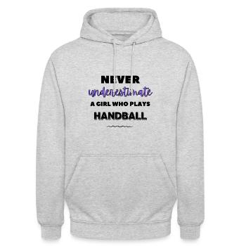 Unterschätzen Sie niemals ein Mädchen, das Handball spielt - Unisex Hoodie - Hellgrau meliert - Vorne - Alina (178cm) & Michal (187cm)