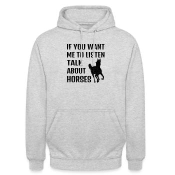 Wenn du möchtest dass ich zuhöre, rede über Pferde - Unisex Hoodie - Hellgrau meliert - Vorne - Alina (178cm) & Michal (187cm)