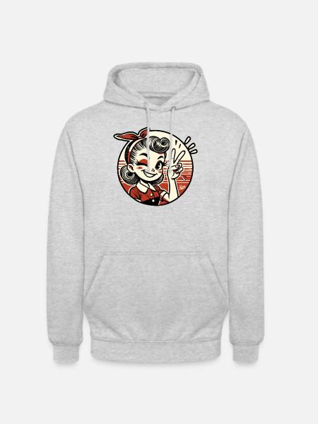 Retro 1950-tal tecknad flicka med fredstecken - Luvtröja unisex - ljusgråmelerad