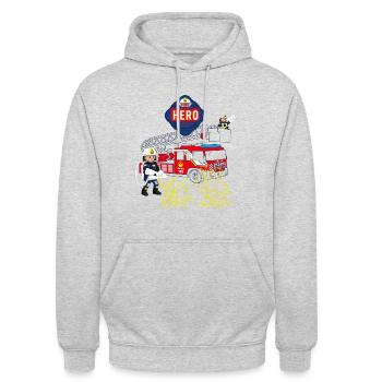 Playmobil Feuerwehr-Design Mit Feuerwehrauto - Unisex Hoodie - Hellgrau meliert - Vorne - Alina (178cm) & Michal (187cm)