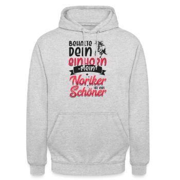 Behalte dein Einhorn Mein Noriker ist viel schöner - Unisex Hoodie - Hellgrau meliert - Vorne - Alina (178cm) & Michal (187cm)