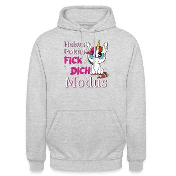 Hokus Pokus Fick Dich Modus Einhorn - Unisex Hoodie - Hellgrau meliert - Vorne - Alina (178cm) & Michal (187cm)