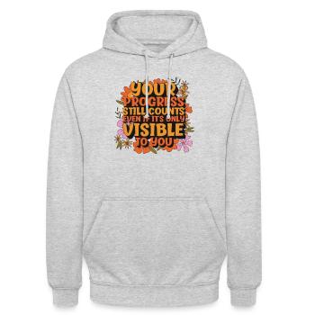 Living Progress cite un message positif - Sweat-shirt à capuche unisexe - gris clair chiné - Devant - Alina (178cm) & Michal (187cm)