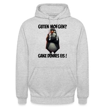 Guten Morgen? Ganz dünnes Eis! Lustiger Pinguin - Unisex Hoodie - Hellgrau meliert - Vorne - Alina (178cm) & Michal (187cm)