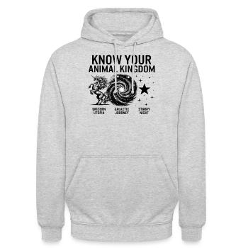 Chemise magique, connaissez votre règne animal Licorne - Sweat-shirt à capuche unisexe - gris clair chiné - Devant - Alina (178cm) & Michal (187cm)