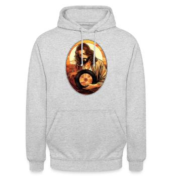Jésus se blottit disque vinyle T Shirt, Christian - Sweat-shirt à capuche unisexe - gris clair chiné - Devant - Alina (178cm) & Michal (187cm)