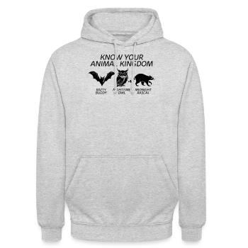 Chemise d’animal, connaissez votre règne animal hibou chauve-souris - Sweat-shirt à capuche unisexe - gris clair chiné - Devant - Alina (178cm) & Michal (187cm)