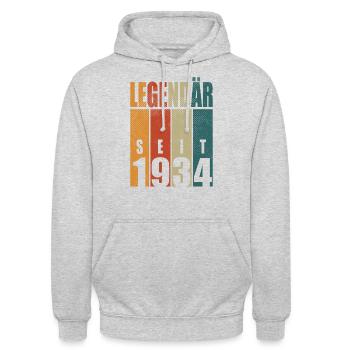 Detto di compleanno leggendario dal 1934 Vintage - Felpa con cappuccio unisex - grigio chiaro melange - Fronte - Alina (178cm) & Michal (187cm)