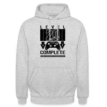 20. Geburtstag Männer Gamer Level 20 Complete - Unisex Hoodie - Hellgrau meliert - Vorne - Alina (178cm) & Michal (187cm)