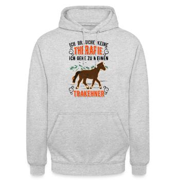 Trakehner Therapie Trakehner Pferd - Unisex Hoodie - Hellgrau meliert - Vorne - Alina (178cm) & Michal (187cm)